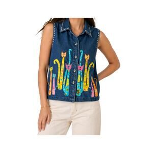 Vintage Y2K Folk Art Embroidered Cat Denim Sleeveless Top Size L Cottagecore